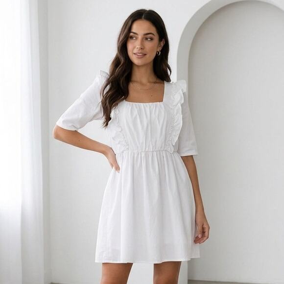ASOS Dresses & Skirts - ASOS Denim Mini Dress 14 White Coquette Milkmaid Babydoll Feminine Cottagecore